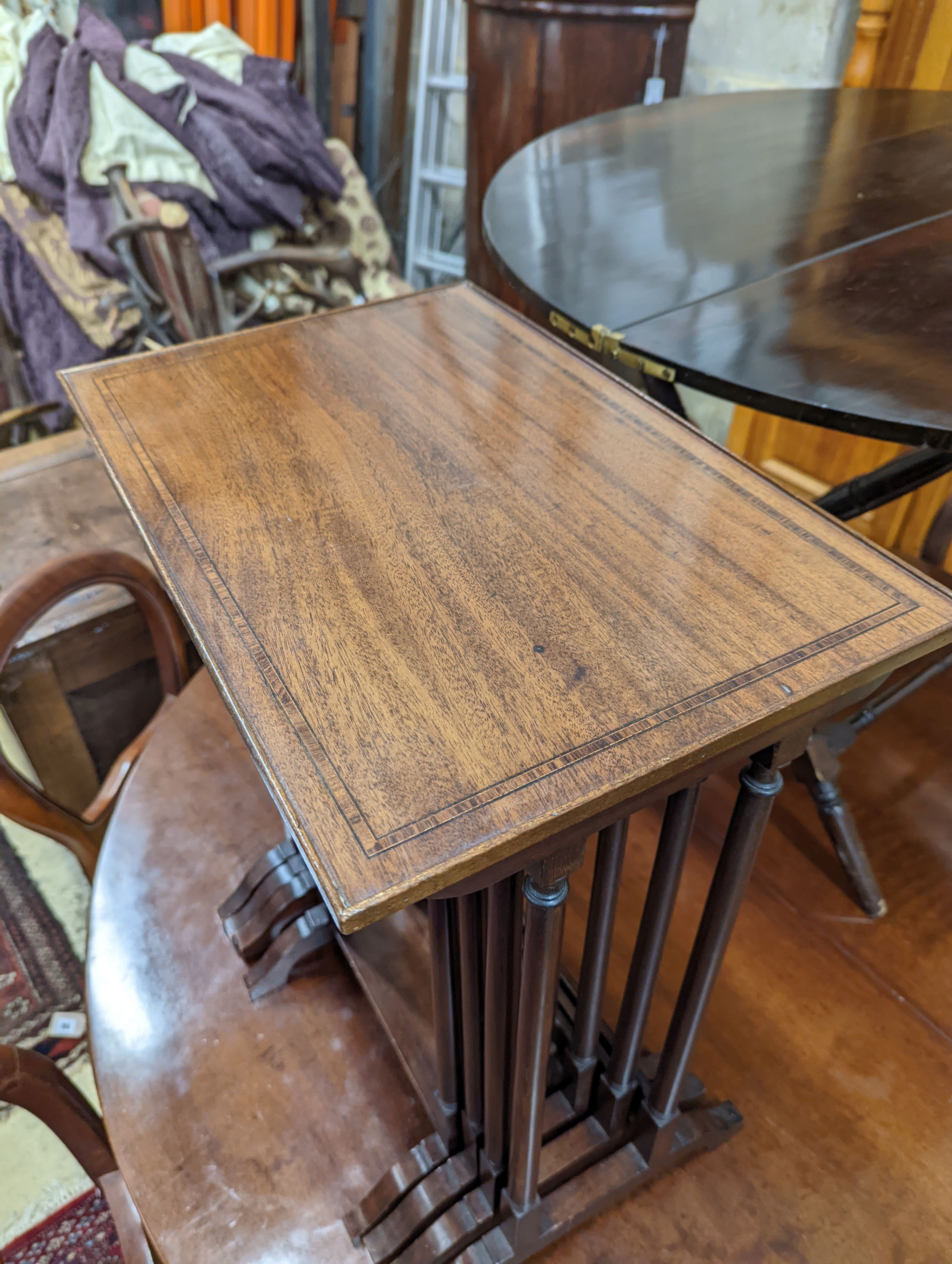 A quartetto of Regency style rectangular banded mahogany tea tables, width 47cm, depth 31cm, height 62cm